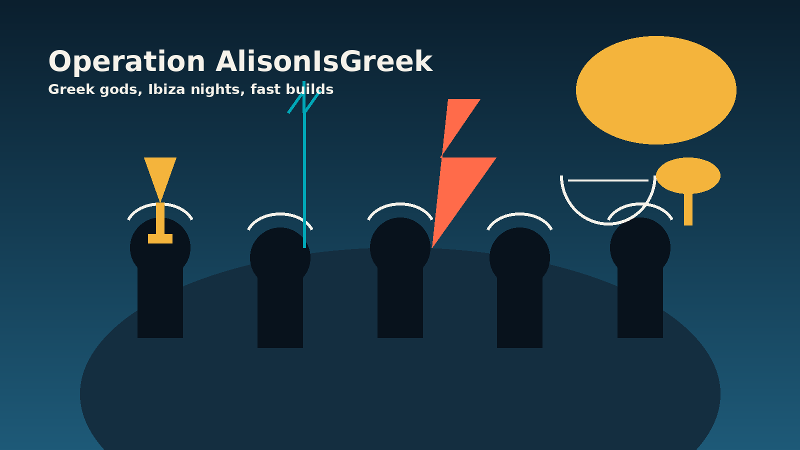 Greek party scene with trident and golden sun